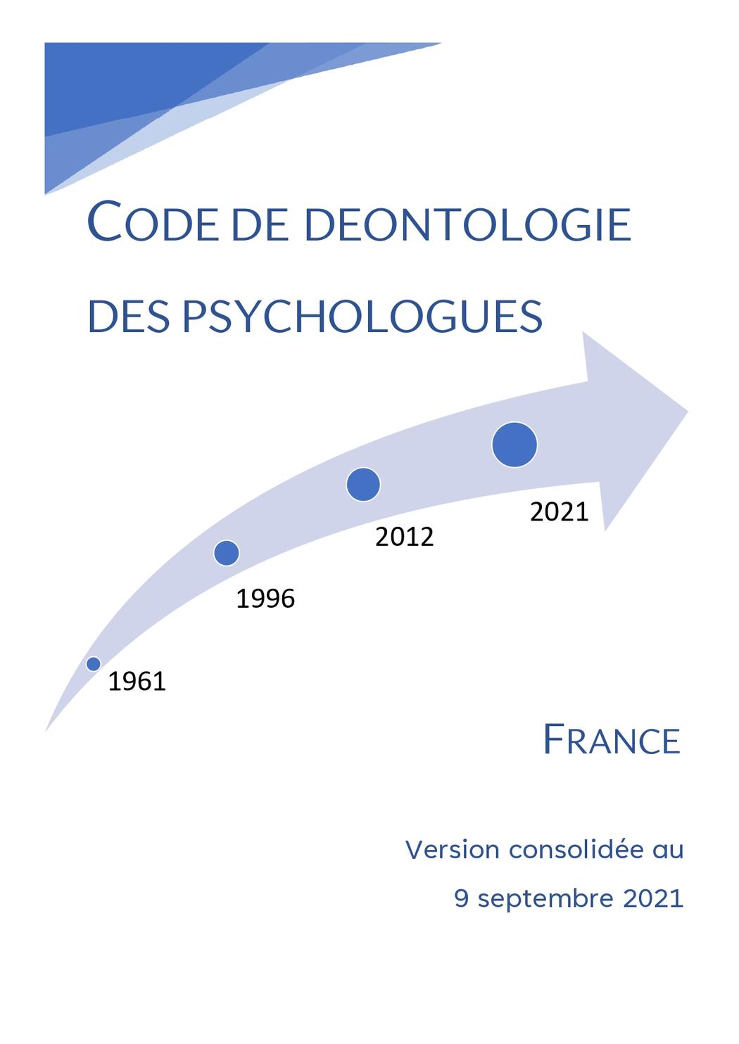 Code de déontologie des psychologues, version consolidée au 9 septembre 2021, page de couverture